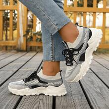 New Women Casual Sneakers, Preppy Style Chunky Sneakers, Lace-Up Round Toe Mesh & Leather Patchwork Breathable Versatile Printed Graffiti College Style Student Outdoor Hiking Leisure Commuting Shoes - 黑色 - 查看 5