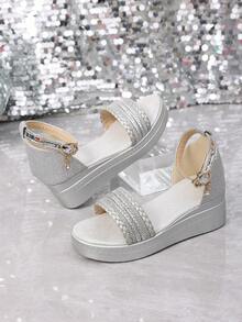 1 Pair Children's Silver Glitter High Heel Sandals, Summer Fashion Rhinestone Braided Vamp Design, Buckle Closure Girls Dress Sandals, Suitable For Daily Outfit Matching - Silver - View 4