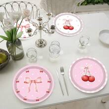 12/24/32 Peças Pratos de Papel Descartáveis com Laço Rosa Cereja Fofos e Estéticos para Festa de Aniversário de Menina, Despedida de Solteira, Chá de Panela, Chá de Bebê, Festa de Noivado, Festa de Casamento, Tema Fofo, Festa com Laço Rosa, Festa de Cereja, Festa de Menina, Essenciais para Feriados, Formatura de Jardim de Infância - Rosa chiclete - Visão 3
