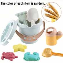9pcs Children's Beach Interactive Toy Set, Including Beach Bucket Set, Thick Sand Shovel, And Straw-Made Sand Tools - Multicolor - View 2
