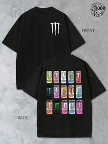 M-O-Nster E-N-Ergy Drink T-Shirt In Pixel Style With White Paw Print Logo And Mo-Nster En-Ergy Drink Pattern; Off-Road Bike And Motorcycle Sports Shirt From M-On-Ster En-Ergy, Fox Racing Mo-Nster E-Nergy Clothing, Casual Men's Sports Shirt, For Racing Enthusiasts, Washed Cotton, Double-Sided Print, Pixel Style, Y2K Clothing, Perfect Gift - 黑色 - 查看 1