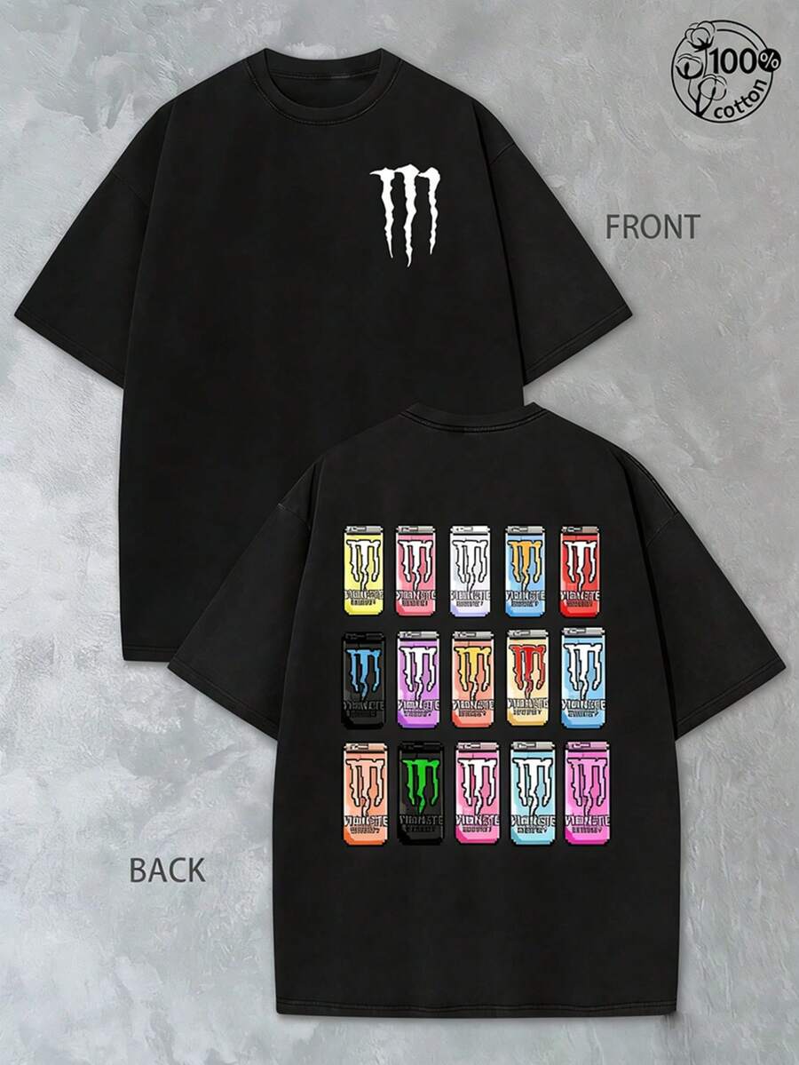 M-O-Nster E-N-Ergy Drink T-Shirt In Pixel Style With White Paw Print Logo And Mo-Nster En-Ergy Drink Pattern; Off-Road Bike And Motorcycle Sports Shirt From M-On-Ster En-Ergy, Fox Racing Mo-Nster E-Nergy Clothing, Casual Men's Sports Shirt, For Racing Enthusiasts, Washed Cotton, Double-Sided Print, Pixel Style, Y2K Clothing, Perfect Gift - 黑色 - 查看 1
