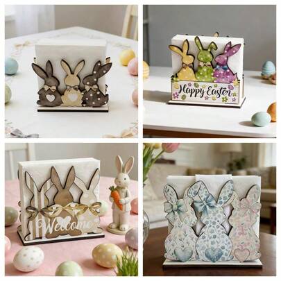 صندوق مناديل خشبي على شكل أرنب لطيف للعيد، ديكور تخزين عملي ذو موضوع عيد الفصح