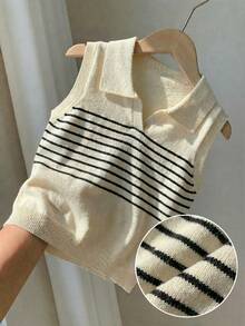 女童条纹领无袖针织套头衫，休闲校园风，适合春、夏、初秋穿着 - 杏色 - 查看 4