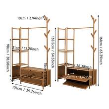 LIVINGANDHOME Multi-Functional Bamboo Wooden Freestanding Coat Rack With Branch Hooks & 2 Storage Cabinets, Brown/Natural Bamboo MDF Hall Tree Entryway Organizer - Brown - View 12