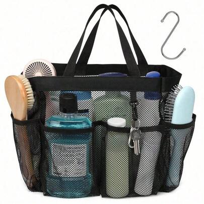 Shower Caddy Portable - Black Mesh Shower Caddy Bag Basket Tote For College Dorm Room Essentials Bathroom Gym Camp Quick Dry Shower Bags For Women Men With S Hook Travel Essentials Vacation Summer Holiday Back To School School Stuff Bag For School Wash Bag Travel Waterproof Toiletry Bag