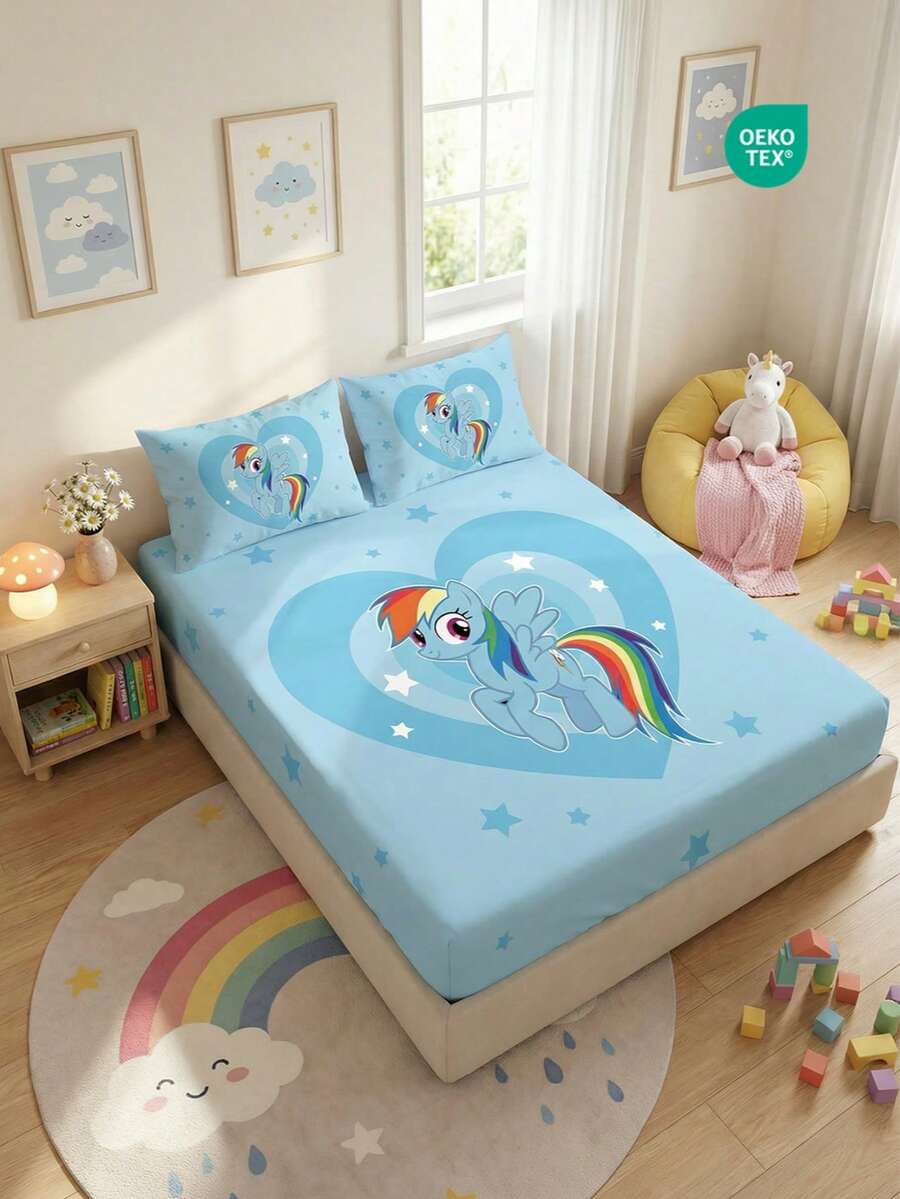 MY LITTLE PONY 2/3件套小马宝莉印花床上用品套装，亲肤床垫套，印花床垫保护罩，柔软透气，多种尺寸可选（单人/双人/大号/特大号），可机洗，卡通人物设计，温馨房间装饰，精美礼品，蓝色，通过OEKO-TEX认证