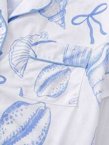 2pcs/Set Women's Ocean Shell Print Pajamas Set, Short Sleeve Shirt With Collar & Button, And Elastic Waist Shorts, Suitable For Holiday Party, Casual Everyday Indoor & Outdoor Wear - 白色 - 查看 7
