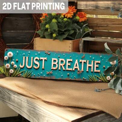 1pc Vintage Country Style "Breathe" Metal Wall Decor, Green & Gold Floral Butterfly Iron Art, Suitable For Farmhouse, Peaceful Bedroom, Living Room, Office - 39.98x9.98cm (39 Inches) Durable Wall Hanging, Applicable For Halloween/Christmas/Easter, 2D Flat