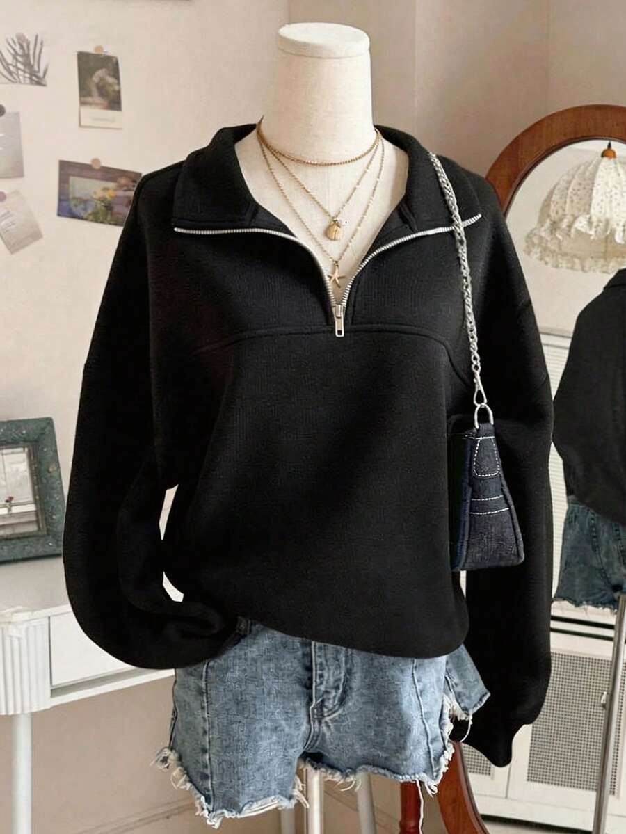 Half-Zip Collar Top, Adjustable Half-Zip Closure,Loose Fit,Suitable For Autumn And Cool Weather Periods,For Daily Or Casual Occasions,Going Out Tops