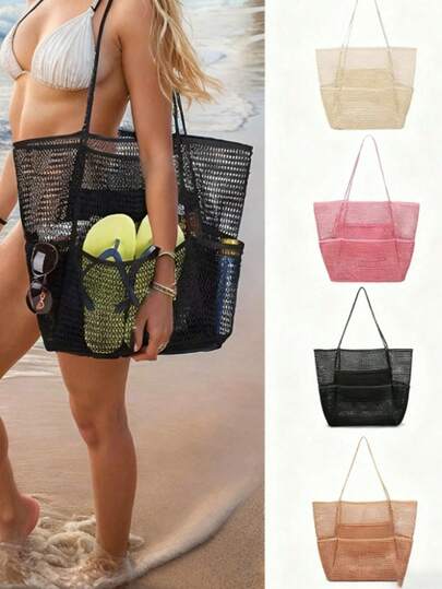 1pc Fashionable Foldable Women Beach Tote Bag - Large Capacity Transparent Mesh Shoulder Bag With Safety Buckle And Wrist Strap, Durable Oxford Cloth Suitable For Travel, Shopping And Holiday Essentials | Lightweight And Spacious Design, Beach Bag