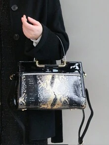2026春夏新款亮面漆皮高端女士手提包，奢华优雅OL成熟魅力女士托特包，时尚黑金蛇纹大号包，百搭优雅单肩斜挎包，高品质礼品 - 彩色 - 查看 8