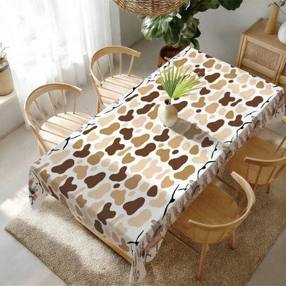 1pc Western Cow Print & Cactus Pattern Tablecloth, Cowboy Style Personalized Dining Table Cover, 55.12*86.61in(140*220cm)/55.12*70.87in(140*180cm)/55.12*55.12in(140*140m)/35.43*55.12in(90*140m), Polyester Fabric, Waterproof And Stain-Resistant, Suitable For Picnic, Camping, Party, Buffet, Home Decor, Table Decoration