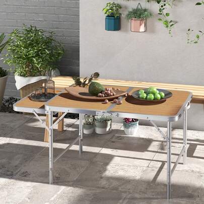 Outsunny 3ft Folding Picnic Table With Slide Shelf Outdoor Portable Aluminum Table 2 Adjustable Height Lightweight Camping BBQ Party Dining Table W/ Carrying Handle Bamboo Colour