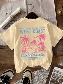 Plus Size Women's Short Sleeve Round Neck T-Shirt, Printed With California West Coast Palm Tree And Letter Pattern, American Retro Casual Style, Suitable For Summer Beach Vacation, Daily Commute And Travel - Khaki - View 6