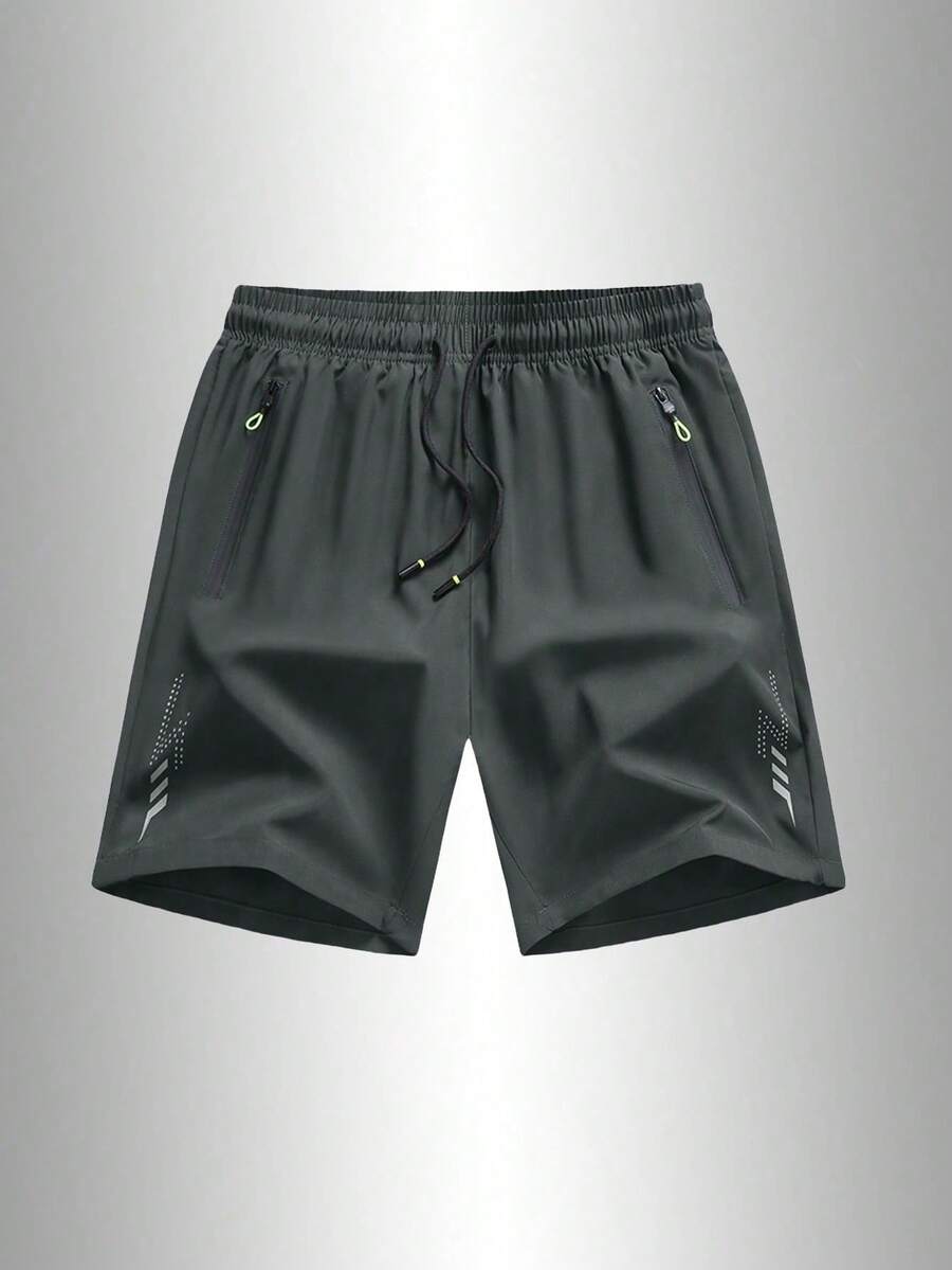 Men's Loose Fit Quick-Dry Sports Shorts With Reflective Stripes, Featuring Pockets, Zipper, And Drawstring Waist, Suitable For Fitness, Running And Outdoor Activities Summer - Grey - View 1