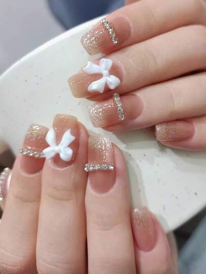 1 Set Elegant Long Square Gradient Shiny Chain Bowknot Delicate Sweet European And American Style Nail Decoration Suitable For Daily, Work, Date Wear, Includes 1 Nail Sticker, 1 Nail File, 1 Nail Gel