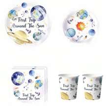 50pcs/Set Astronaut Themed Disposable Tableware Set, Includes 10 Plates, 10 Dessert Plates, 10 Paper Cups And 20 Napkins. Convenient Cutlery Set Suitable For Camping, Picnics, Garden BBQs, Baby Showers, Weddings And Birthday Parties. - Multicolor - View 1