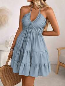 Wandoria Women's Spring/Summer Single Fiber Knit Bohemian Beachwear Shirred Shirred Bust Tiered Cake Skirt Dress With Adjustable Halter Tie - 霧霾藍 - 查看 2
