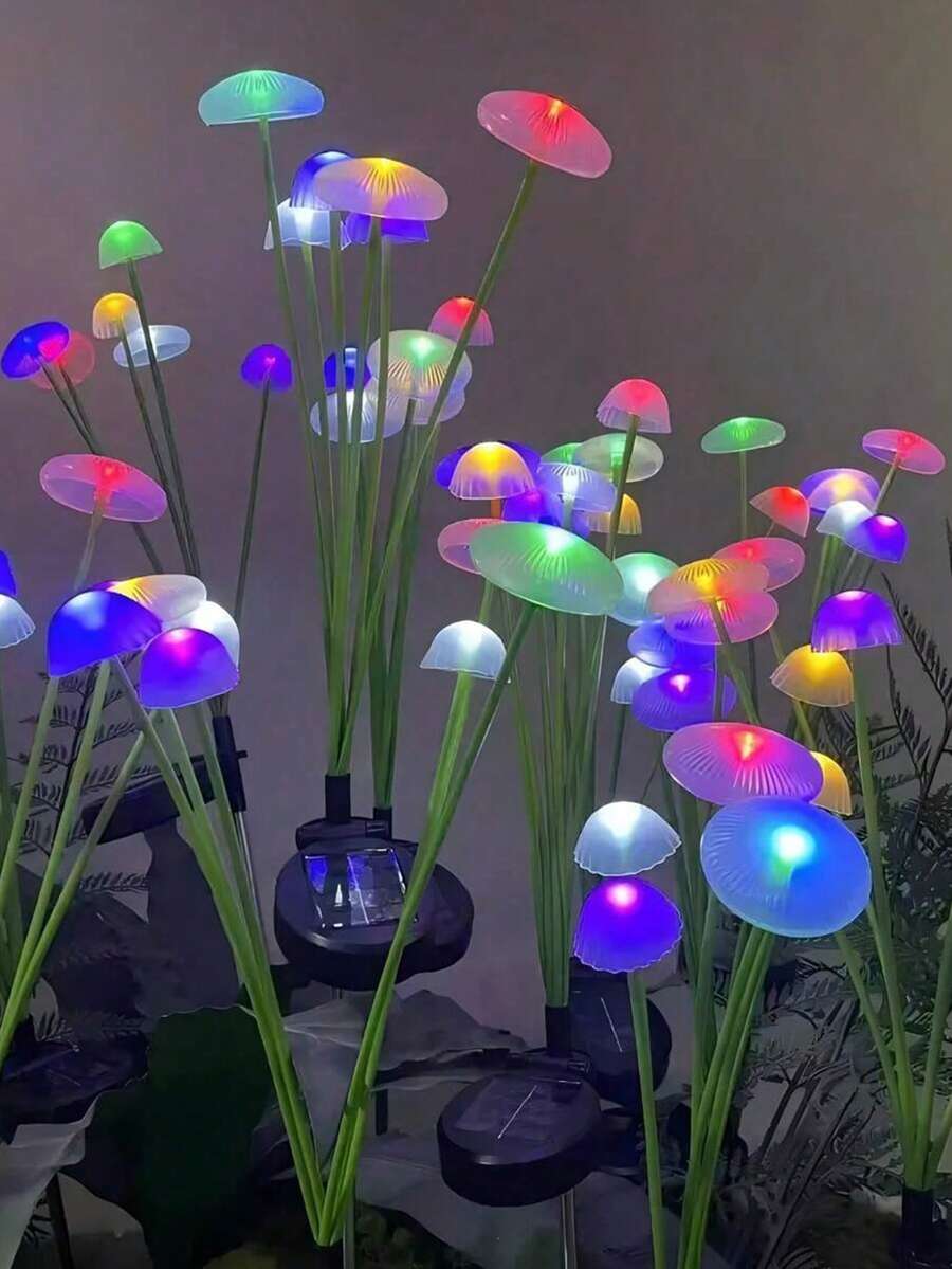 6颗LED太阳能水母蘑菇草坪灯，户外防水花园小径景观灯，暖白光/变色氛围灯