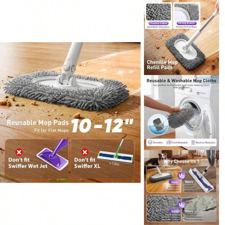 6 Pack Reusable Microfiber Mop Pads Compatible With Sweeper Mops, Replacement Mopping Pads Dry Sweeping Cloths, Washable Chenille Flat Mops Refills For Mopping Floor Cleaning (Mop Is Not Included) - Gray - View 1