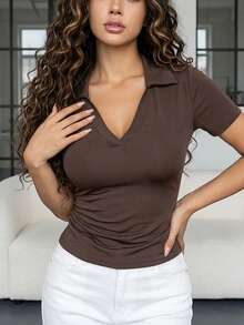Áo polo nữ dáng ôm cơ bản, màu trơn, kiểu ngắn, thích hợp cho mùa hè. - Cà phê nâu - Xem 2