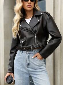 Women's Distressed Faux Leather Bomber Jacket, Loose Fit Motorcycle Jacket - Dark Brown - View 6