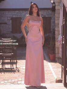 Faeriesty Đầm dạ hội thanh lịch với dây đeo mảnh, lưng hở, khóa kéo ở eo, kiểu dáng thướt tha, phù hợp cho chụp ảnh cưới, lễ cưới, kỷ niệm lãng mạn, tiệc tối trang trọng, sự kiện thảm đỏ, màu hồng mùa xuân. - Hồng - Xem 3