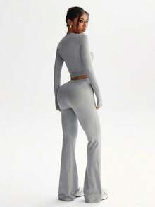 3pcs Minimalist Solid Color Fitted Cropped Cardigan, Camisole, And Flare Pants Set - Màu Xám nhạt - Xem 3