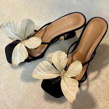 Women's High Heel Sandals, 2026 Spring/Summer New Arrival, Faux Butterfly Flower 3D Design, Fashionable Open Toe High Heel Slide Sandals, Elegant & Versatile - Black - View 2