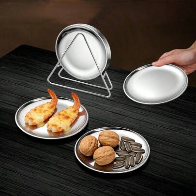 6/8/12pcs Korean Stainless Steel Bone Dish Set With Display Rack, Metal Fruit Display Tray, Round Snack Plate, Elegant Dessert Plate, Tabletop Crumb Tray, Suitable For Kitchen, Dining Table, Party Decor And Outdoor Camping