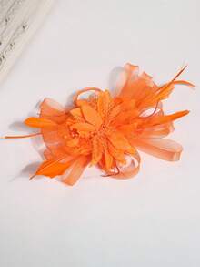 1pc Women's Tea Party Headpiece, Kentucky Derby Wedding Floral Mesh Hair Clip - Orange - View 3