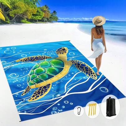 1pc 185*235CM Ocean Creature Sea Turtle Printed Waterproof Sand-Proof Extra Large Beach Blanket, Suitable For 2-3 People Beach Vacation, Lightweight Thin Outdoor Camping Picnic Mat
