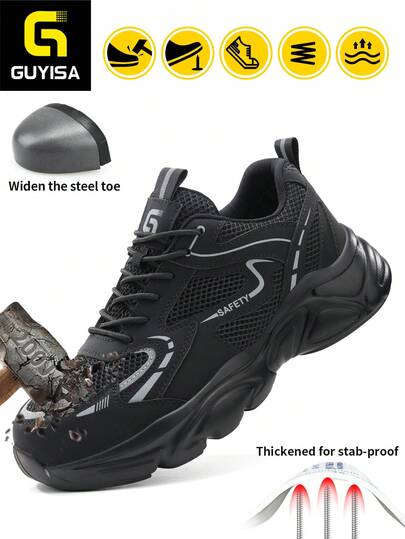 GUYISA Giày bảo hộ mũi thép dành cho nam, dòng Classic, chống va đập, chống đâm xuyên, nhẹ, thoải mái, đế cao su thời trang, màu đen, phù hợp cho mọi mùa.