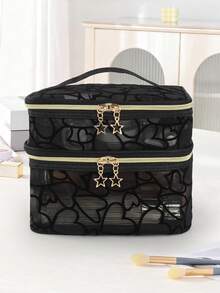 1pc Luxury Star Zipper Double-Layer Makeup Bag, Black Flocked Heart Net Mesh Makeup Pouch, Bridal Bride Makeup Bag, Dual-Layer Compartment Cosmetic Storage Handbag, Bridesmaid Large Capacity Makeup Organizer - Multicolor - View 7