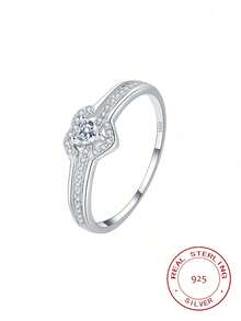 1pc 925 Sterling Silver Heart Shaped Ring, Elegant Geometric Design, European And American Fashion Women's Ring, Ideal For Wedding, Anniversary, Valentine's Day, High-Quality Jewelry Gift - Silver - View 2