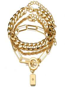 3pcs Chunky Chain Personalized Bracelet-Creative Multi-Layered Gold-Color Chain Bracelet Set - c - Xem 1