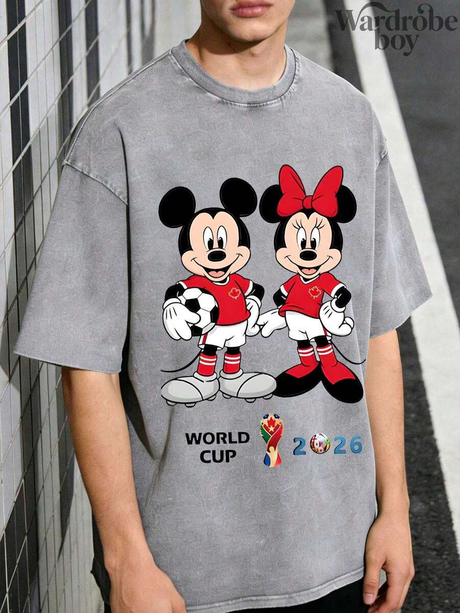 Disney Authorized Printed Washed T-Shirt, Mickey And Minnie 2026 World Cup Themed Washed Printed T-Shirt, Family Vacation Travel T-Shirt. The New T-Shirt For 2026 Is Suitable For Both Men And Women, Made Of High-Quality Pure Cotton Fabric And Suitable For Wearing All Seasons. It Is Comfortable And Breathable, With Exquisite Design, Making It A Great Gift - 灰色 - 查看 1