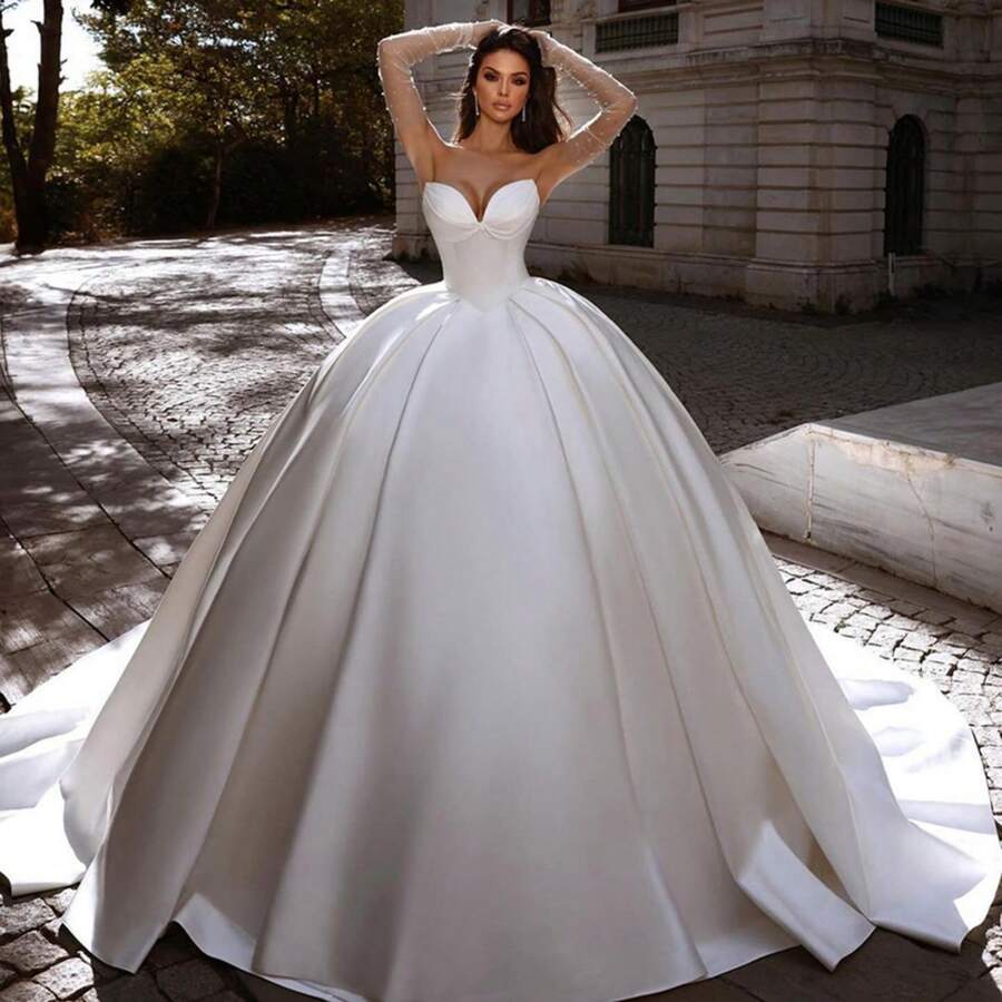 Elegant Sexy Strapless Corset A Line Satin Wedding Dress,Registry Office Dresses Bridal Gown,Evening Party Dress Birthday Party Dress Country Wedding,Romantic Church Ceremony Wedding Dress,Suitable For Wedding,Dating,Party,Singles' Party,Vacation,Formal Occasions,Dinner Dress,Prom Dress,Homecoming Dess,Cocktail Party,Wedding Guest Dress,Graduation - 白色 - 查看 1