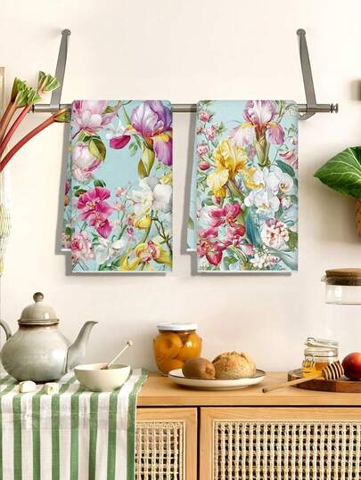 1/2/4 piezas Paños de fregado con estampado de orquídea Phalaenopsis y flor de espuela de caballero, paños de cocina de estilo granja con gran absorción, trapos decorativos con estampado floral, paños de té para fiestas, suministros para cocina y baño, decoración de habitaciones y cocina, suaves y absorbentes