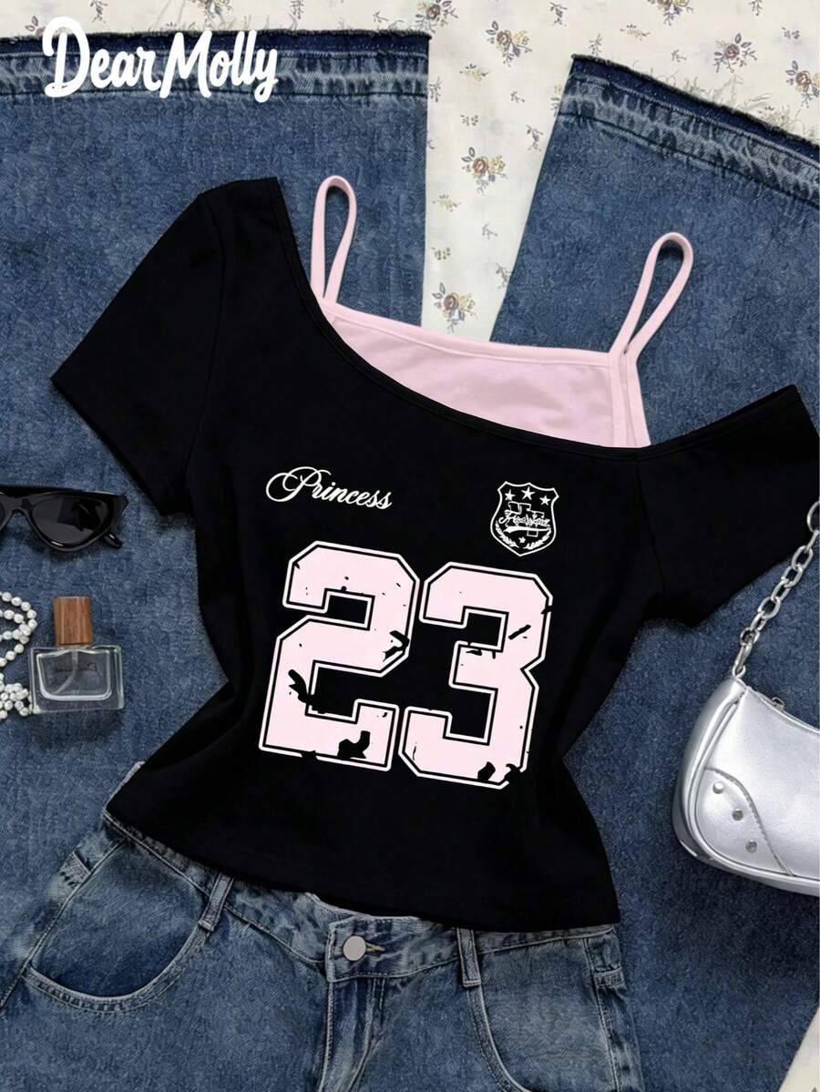 DEAR MOLLY 复古数字图案性感不对称肩部T恤，女士休闲斜领紧身露脐上衣，适合夏季穿着，黑色 - 黑色 - 查看 1