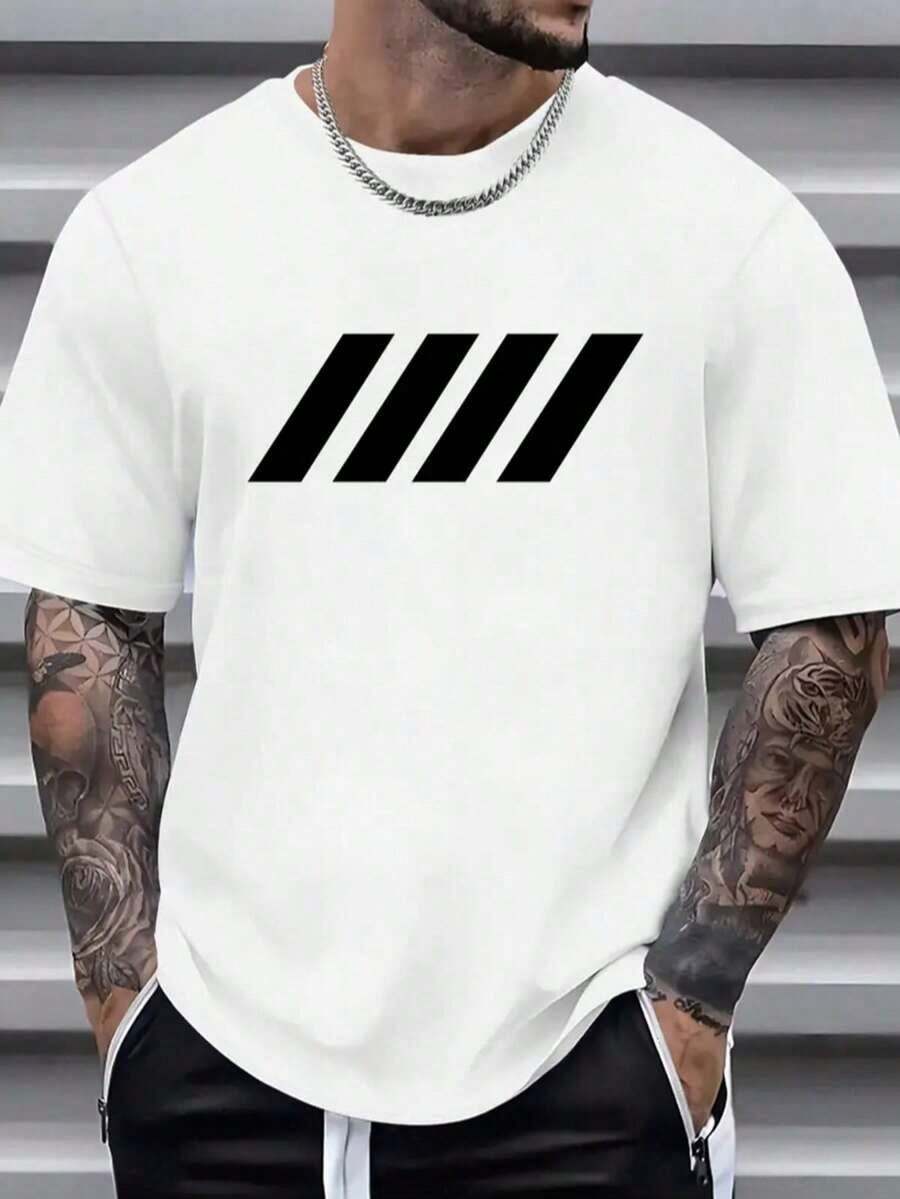 Una camiseta negra de algodón para hombre de 220g. La camiseta tiene un patrón de líneas único, de forma abstracta, estilo simple pero a la moda. Una camiseta adecuada para uso casual, deportes y combinaciones versátiles,"Note: Please wear skin-colored undergarments." - Blanco - Ver 1