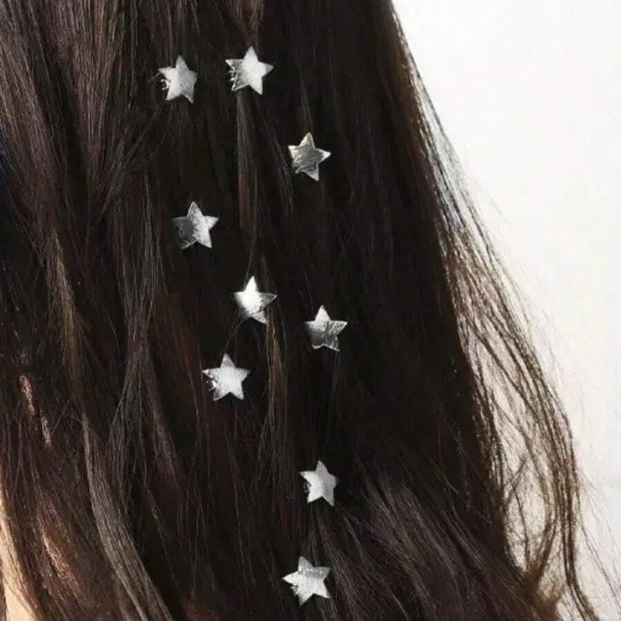 10pcs Gold Metal Textured Star Braided Hair Clips, Hair Accessories - Silver - View 1