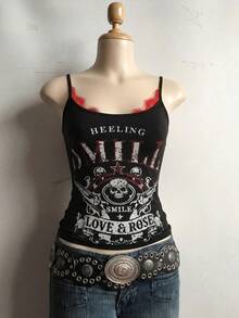 Women's Y2K Punk "Smile Love & Rose" Graphic Print Cami Top - Black Spaghetti Strap Crop Tank With Red Lace Trim, Grunge Streetwear Vacation Going Out Top, Summer Outfits For Women, Valentine's Day Outfit, Party Outfit, Music Festival Outfit, Romantic Date Outfit, Holiday Outfit, Spring Summer Daily Wear, Carnival Outfit Casual - Black - View 6