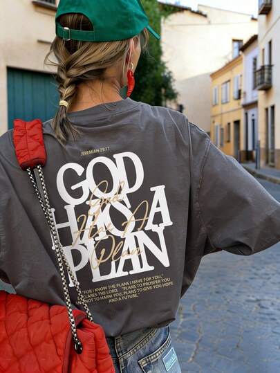 Camiseta de manga corta de verano para mujer con estampado de letras, casual y versátil, de cuello redondo, holgada, en color beige, top de moda adecuado para uso diario