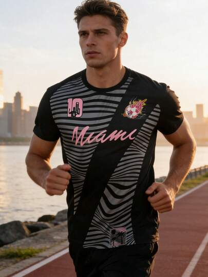 迈阿密国际男士运动短袖足球球衣和圆领舒适足球运动T恤，适合比赛、训练和休闲穿着
