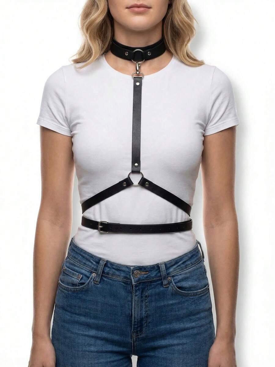 哥特风手工PU皮革束身腰带 时尚仿皮笼式背心 胸部塑形束身带 腰带 束腰带 原宿风 - 黑色 - 查看 1