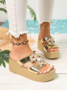 Women's Fashion Gold Handmade Beaded Floral Rhinestone Anklet Thick Bottom Sandals - Open Toe Casual Thick Heel Sandals For Summer - 311 Gold - View 2