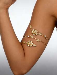 Bracelet ajouré en métal style forêt avec éléments de feuilles et de fleurs pour femmes (sans boîte cadeau). Accessoires personnalisés pour la plage, les fêtes et le quotidien - jaune d'or - Voir 6