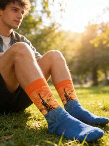 2双男士彩绘图案休闲中筒袜，春夏百搭 - 彩色 - 查看 3